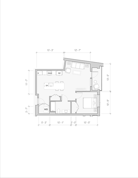 Floor plan for 1 bed, 1 bath, 726 sqft